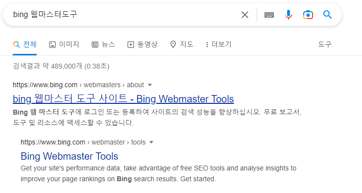 빙 웹마스터 도구 검색 등록 방법 =구글 검색화면 2
